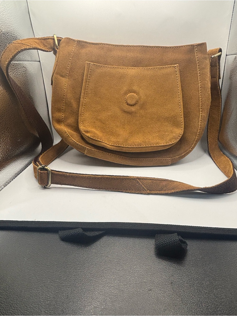 Suede Shoulder Crossbody Bag in Caramel Brown
